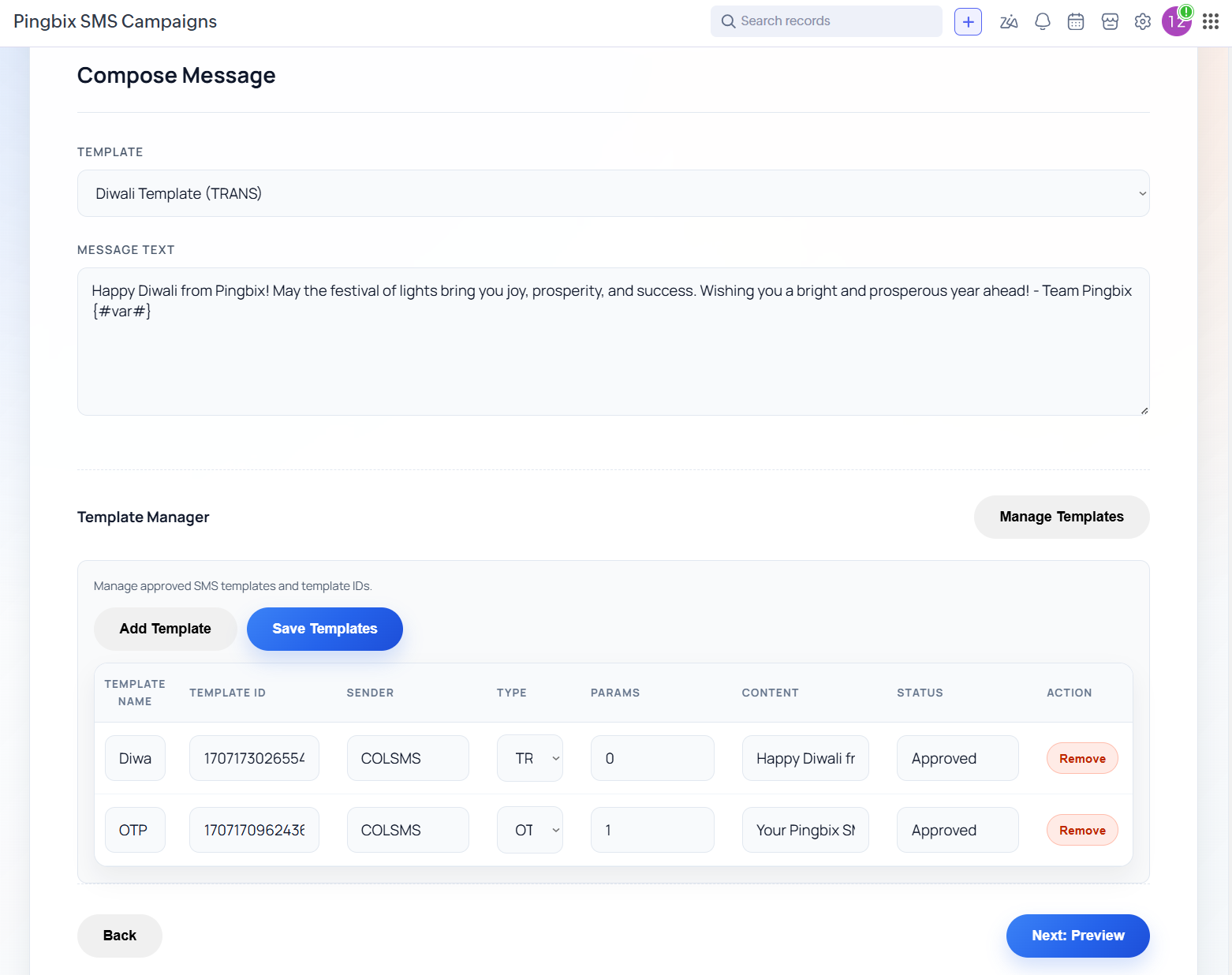 SMS template manager