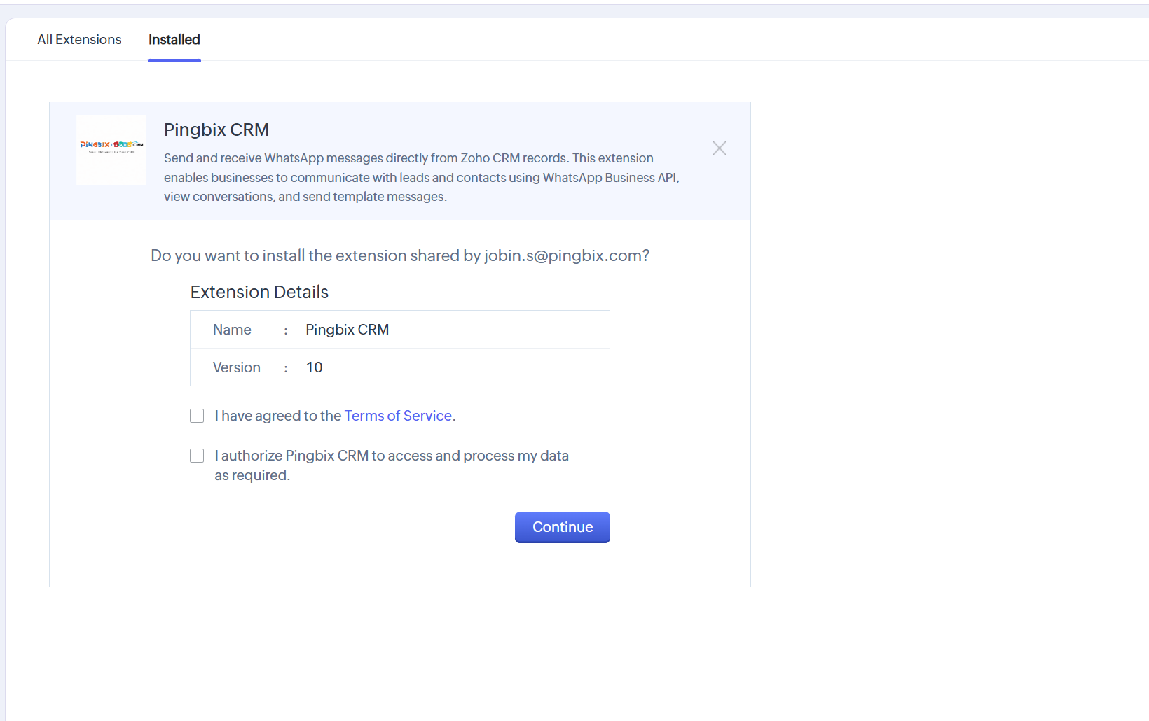 Zoho extension install