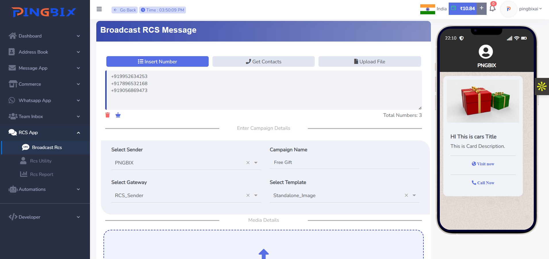 rcs dashboard showcasing rcs broadcasting