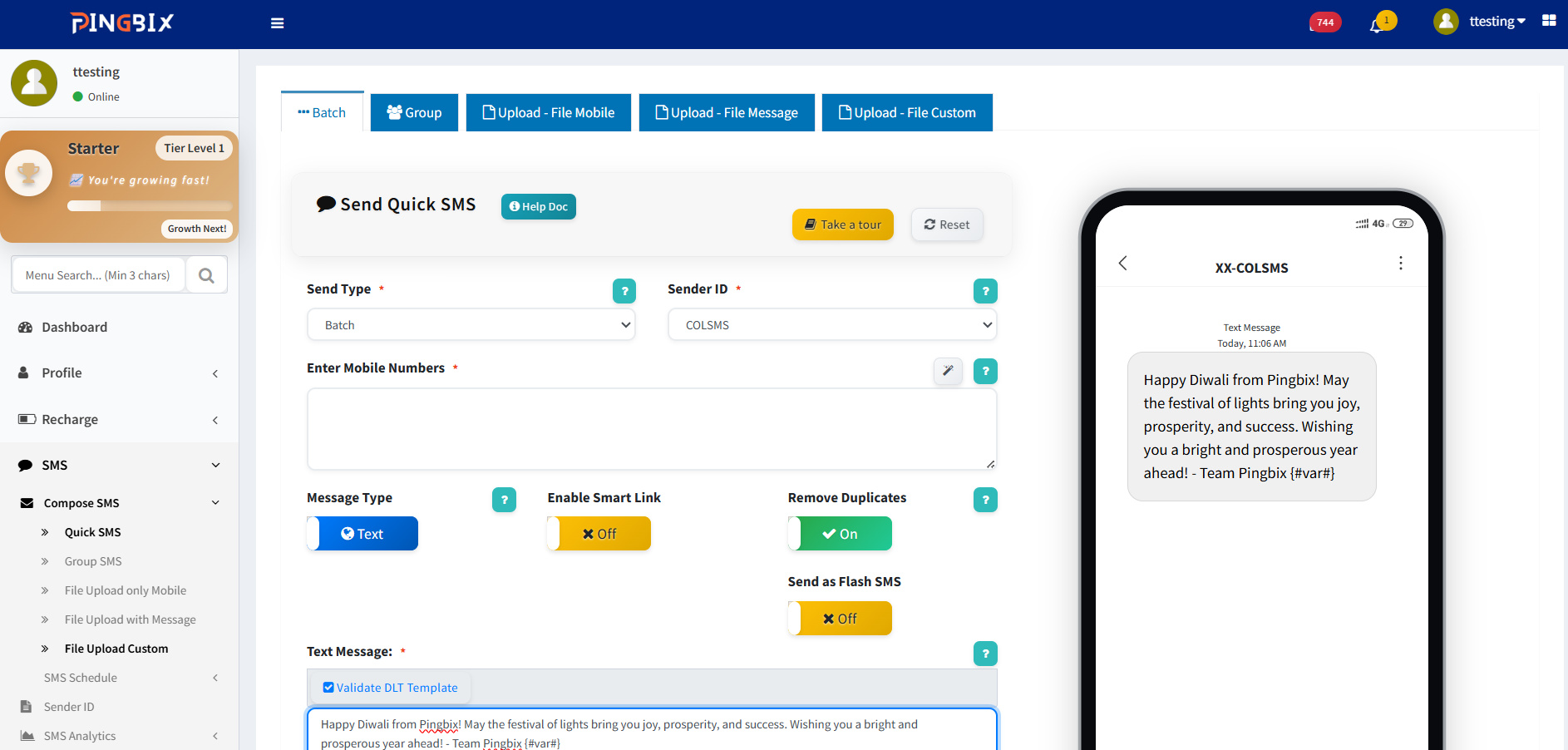 Pingbix SMS Dashboard UI